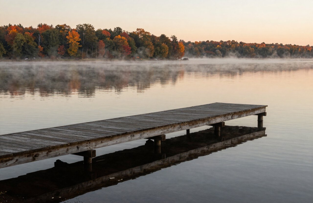 A weathered wooden dock stretching into a calm Minnesota lake at sunrise, mist over the water