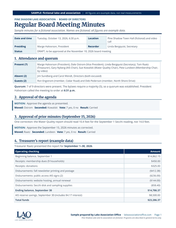 First page of the sample Board meeting minutes (optional add-on).