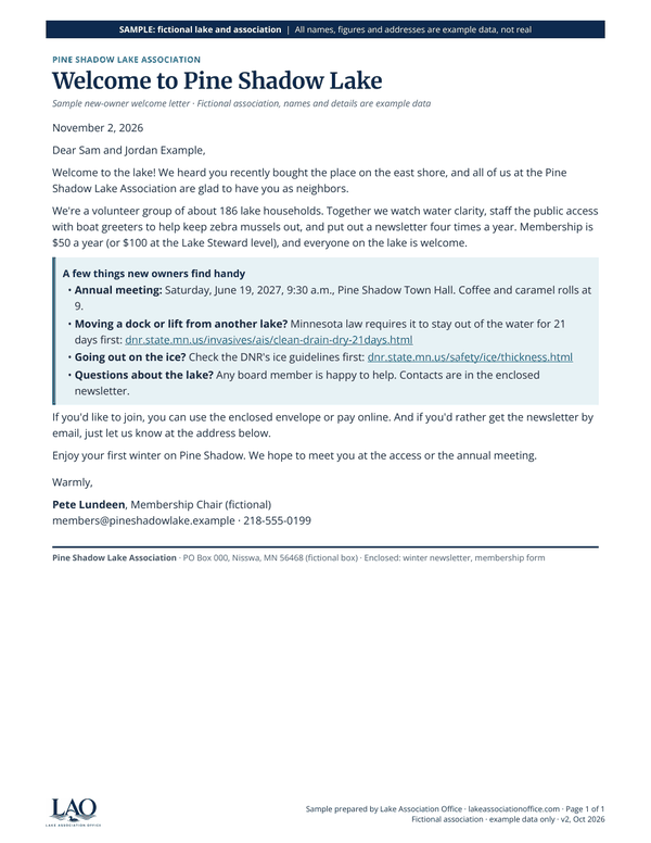 First page of the sample New-owner welcome letter.