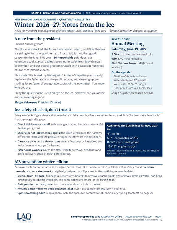 First page of the sample Newsletter. A quarterly issue, written from your board’s notes.
